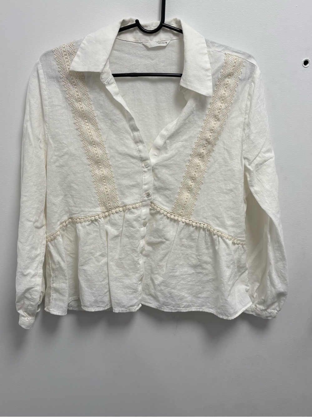 Zara Cream Lace-Trim Button Down Peplum Blouse